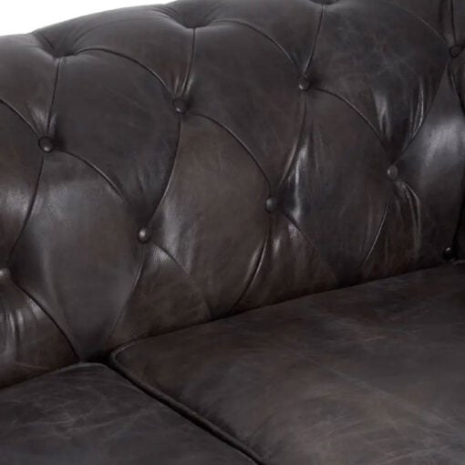 Industrial 2 Seater Dark Grey Genuine Leather Chesterfield Sofa With Walnut Wood Feet With Wheels 172cm