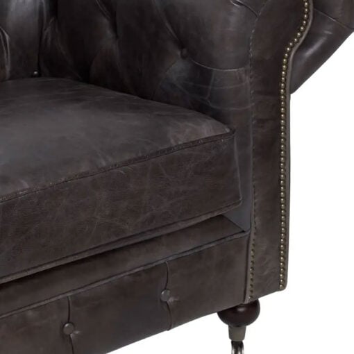 Industrial 2 Seater Dark Grey Genuine Leather Chesterfield Sofa With Walnut Wood Feet With Wheels 172cm
