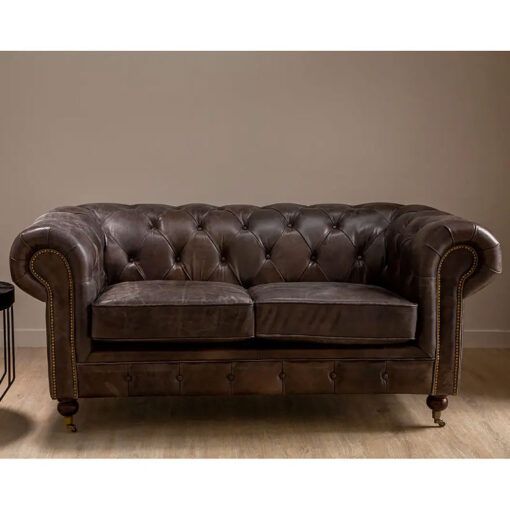 Industrial 2 Seater Dark Grey Genuine Leather Chesterfield Sofa With Walnut Wood Feet With Wheels 172cm