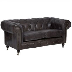 Industrial 2 Seater Dark Grey Genuine Leather Chesterfield Sofa With Walnut Wood Feet With Wheels 172cm