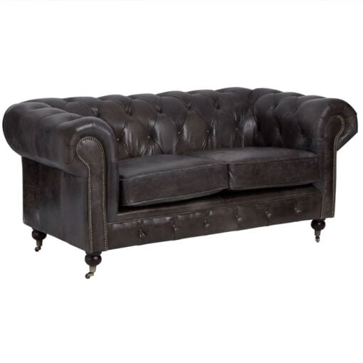 Industrial 2 Seater Dark Grey Genuine Leather Chesterfield Sofa With Walnut Wood Feet With Wheels 172cm