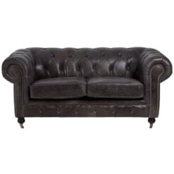 Industrial 2 Seater Dark Grey Genuine Leather Chesterfield Sofa With Walnut Wood Feet With Wheels 172cm