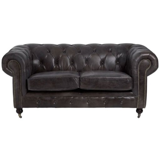 Industrial 2 Seater Dark Grey Genuine Leather Chesterfield Sofa With Walnut Wood Feet With Wheels 172cm