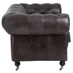 Industrial 2 Seater Dark Grey Genuine Leather Chesterfield Sofa With Walnut Wood Feet With Wheels 172cm