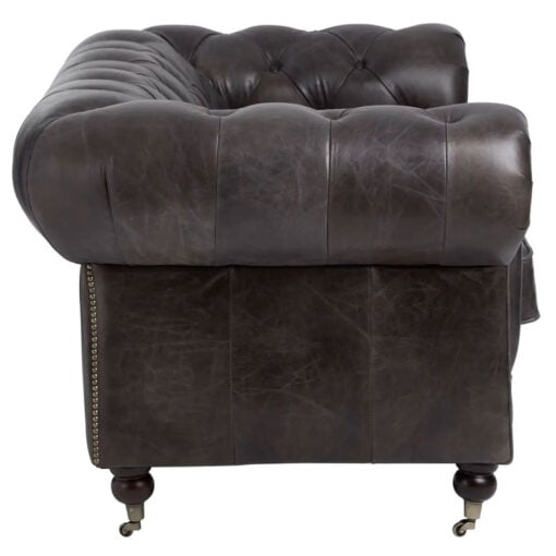 Industrial 2 Seater Dark Grey Genuine Leather Chesterfield Sofa With Walnut Wood Feet With Wheels 172cm