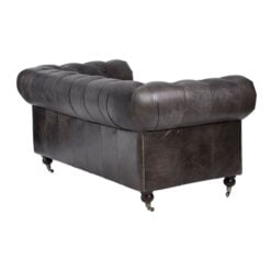 Industrial 2 Seater Dark Grey Genuine Leather Chesterfield Sofa With Walnut Wood Feet With Wheels 172cm