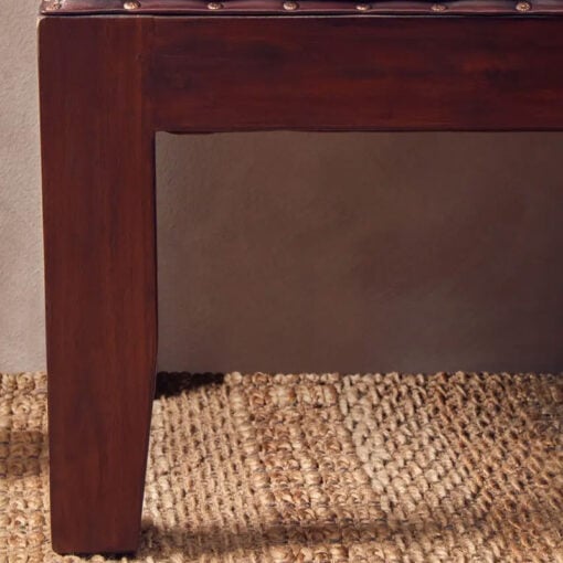 Industrial Antique Brown Genuine Leather And Solid Teak Wood Dining Hallway Bedroom Bench 130cm