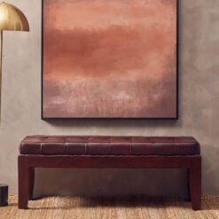 Industrial Antique Brown Genuine Leather And Solid Teak Wood Dining Hallway Bedroom Bench 130cm