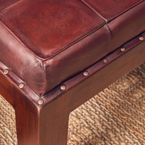 Industrial Antique Brown Genuine Leather And Solid Teak Wood Dining Hallway Bedroom Bench 130cm