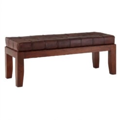 Industrial Antique Brown Genuine Leather And Solid Teak Wood Dining Hallway Bedroom Bench 130cm