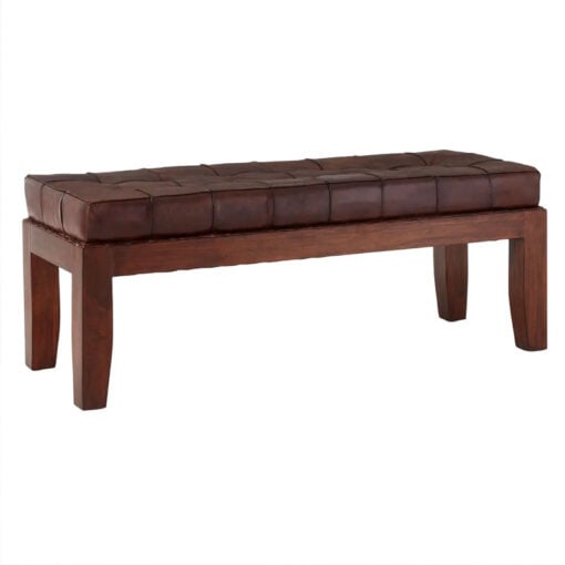 Industrial Antique Brown Genuine Leather And Solid Teak Wood Dining Hallway Bedroom Bench 130cm