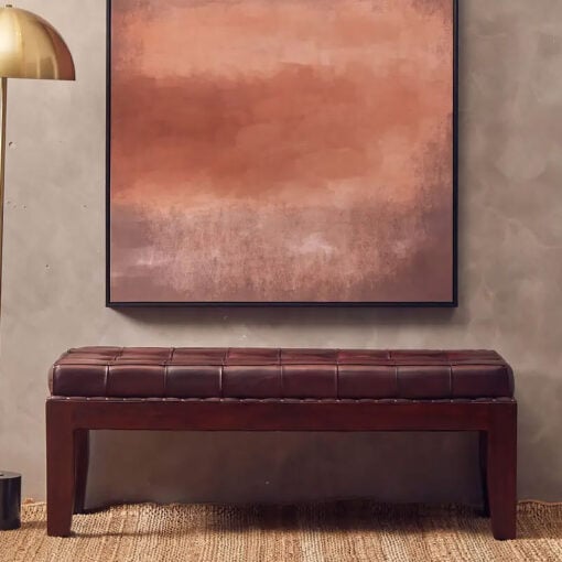 Industrial Antique Brown Genuine Leather And Solid Teak Wood Dining Hallway Bedroom Bench 130cm