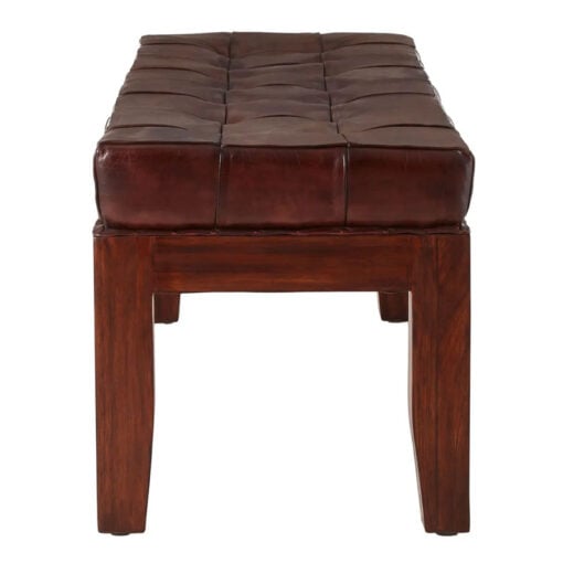 Industrial Antique Brown Genuine Leather And Solid Teak Wood Dining Hallway Bedroom Bench 130cm