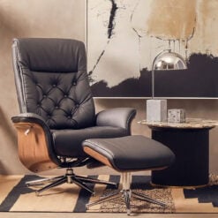 Industrial Black Faux Leather Recliner Armchair With A Footstool
