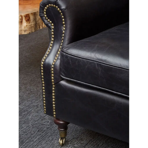 Industrial Black Genuine Leather Tufted Studded Chesterfield Heritage Armchair With Walnut Wood Legs And Wheels