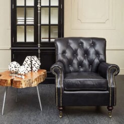 Industrial Black Genuine Leather Tufted Studded Chesterfield Heritage Armchair With Walnut Wood Legs And Wheels