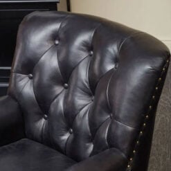 Industrial Black Genuine Leather Tufted Studded Chesterfield Heritage Armchair With Walnut Wood Legs And Wheels