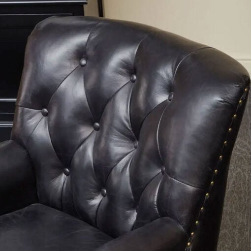 Industrial Black Genuine Leather Tufted Studded Chesterfield Heritage Armchair With Walnut Wood Legs And Wheels