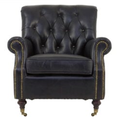 Industrial Black Genuine Leather Tufted Studded Chesterfield Heritage Armchair With Walnut Wood Legs And Wheels