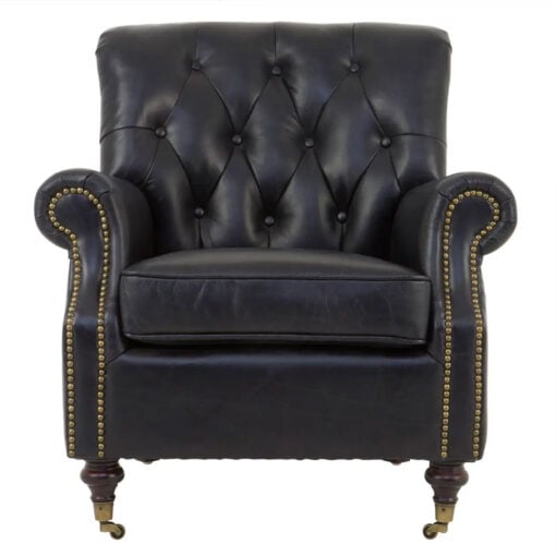 Industrial Black Genuine Leather Tufted Studded Chesterfield Heritage Armchair With Walnut Wood Legs And Wheels
