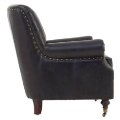 Industrial Black Genuine Leather Tufted Studded Chesterfield Heritage Armchair With Walnut Wood Legs And Wheels
