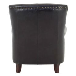 Industrial Black Genuine Leather Tufted Studded Chesterfield Heritage Armchair With Walnut Wood Legs And Wheels