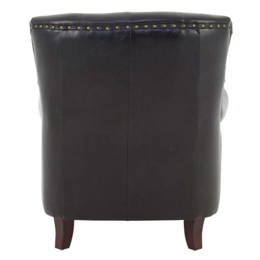 Industrial Black Genuine Leather Tufted Studded Chesterfield Heritage Armchair With Walnut Wood Legs And Wheels