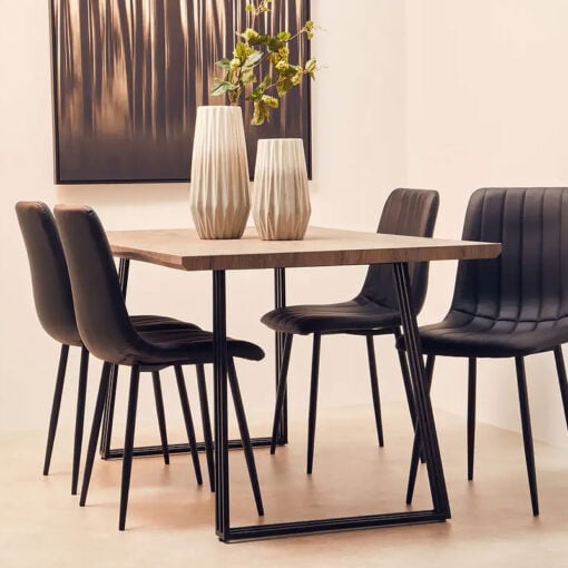 Industrial Black Metal And Brown Wood Veneer 6 Seater Dining Table 160cm