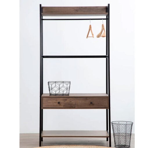 Industrial Black Metal And Dark Oak Wood Veneer 2 Drawer Open Wardrobe 3 Tier Shelving Unit With Coat Hanger 169cm