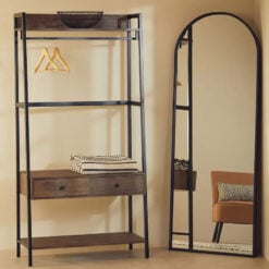 Industrial Black Metal And Dark Oak Wood Veneer 2 Drawer Open Wardrobe 3 Tier Shelving Unit With Coat Hanger 169cm