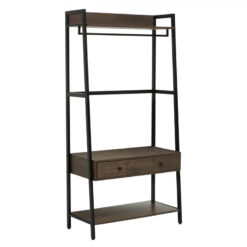 Industrial Black Metal And Dark Oak Wood Veneer 2 Drawer Open Wardrobe 3 Tier Shelving Unit With Coat Hanger 169cm