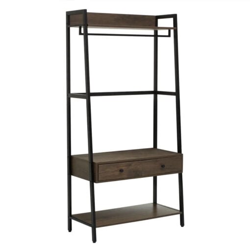 Industrial Black Metal And Dark Oak Wood Veneer 2 Drawer Open Wardrobe 3 Tier Shelving Unit With Coat Hanger 169cm
