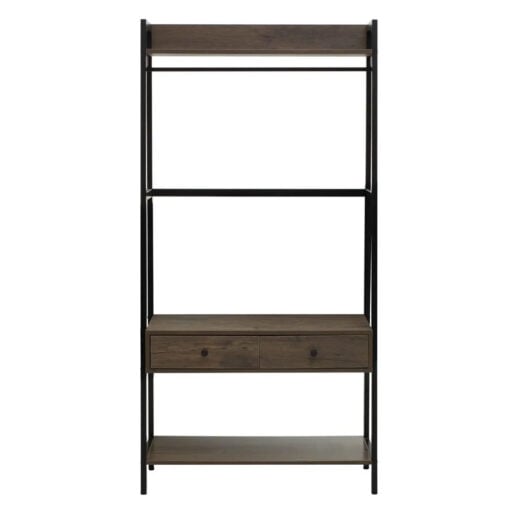 Industrial Black Metal And Dark Oak Wood Veneer 2 Drawer Open Wardrobe 3 Tier Shelving Unit With Coat Hanger 169cm