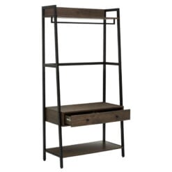 Industrial Black Metal And Dark Oak Wood Veneer 2 Drawer Open Wardrobe 3 Tier Shelving Unit With Coat Hanger 169cm