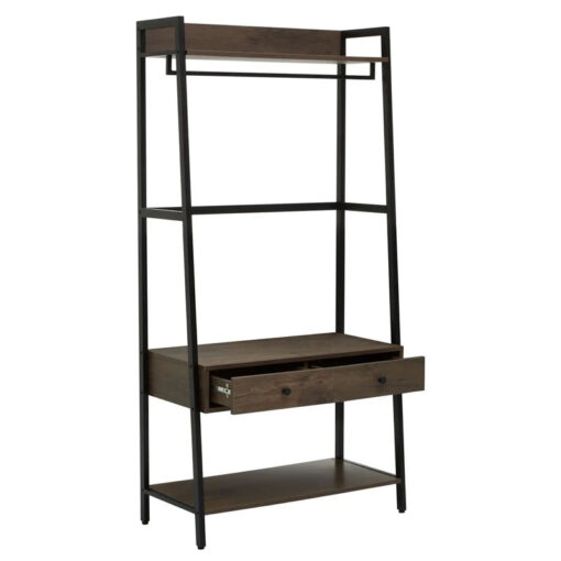 Industrial Black Metal And Dark Oak Wood Veneer 2 Drawer Open Wardrobe 3 Tier Shelving Unit With Coat Hanger 169cm