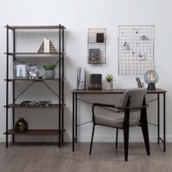 Industrial Black Metal And Dark Oak Wood Veneer 5 Tier Shelving Unit Bookcase 162cm