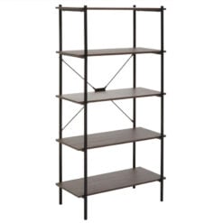 Industrial Black Metal And Dark Oak Wood Veneer 5 Tier Shelving Unit Bookcase 162cm