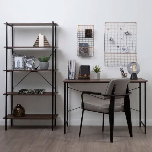Industrial Black Metal And Dark Oak Wood Veneer 5 Tier Shelving Unit Bookcase 162cm