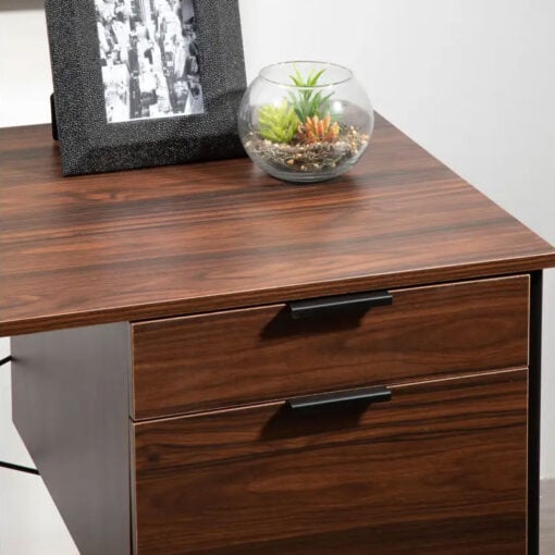 Industrial Black Metal And Dark Walnut Wood Veneer 2 Drawer Desk