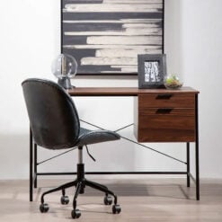 Industrial Black Metal And Dark Walnut Wood Veneer 2 Drawer Desk