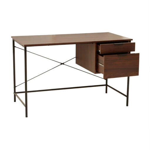 Industrial Black Metal And Dark Walnut Wood Veneer 2 Drawer Desk