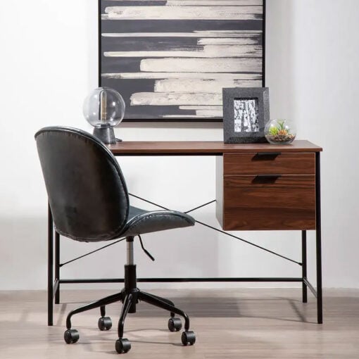 Industrial Black Metal And Dark Walnut Wood Veneer 2 Drawer Desk