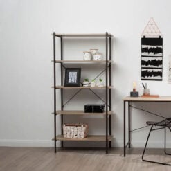 Industrial Black Metal And Grey Oak Wood Veneer 5 Tier Shelving Unit Bookcase 162cm