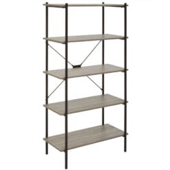Industrial Black Metal And Grey Oak Wood Veneer 5 Tier Shelving Unit Bookcase 162cm