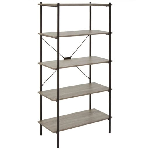 Industrial Black Metal And Grey Oak Wood Veneer 5 Tier Shelving Unit Bookcase 162cm
