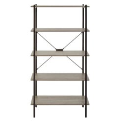 Industrial Black Metal And Grey Oak Wood Veneer 5 Tier Shelving Unit Bookcase 162cm
