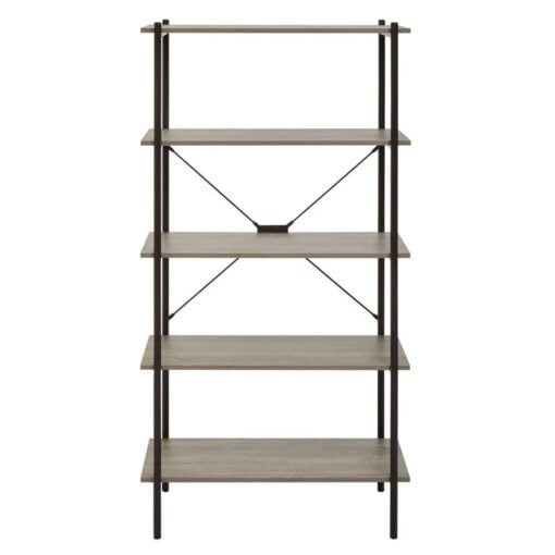 Industrial Black Metal And Grey Oak Wood Veneer 5 Tier Shelving Unit Bookcase 162cm
