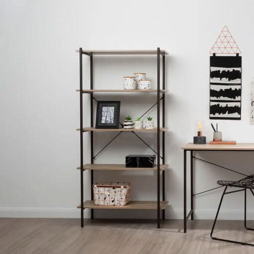 Industrial Black Metal And Grey Oak Wood Veneer 5 Tier Shelving Unit Bookcase 162cm