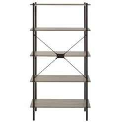 Industrial Black Metal And Grey Oak Wood Veneer 5 Tier Shelving Unit Bookcase 162cm
