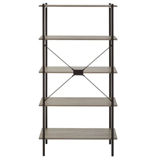 Industrial Black Metal And Grey Oak Wood Veneer 5 Tier Shelving Unit Bookcase 162cm